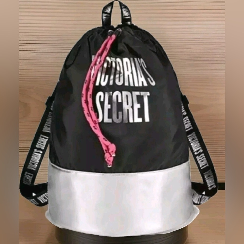 Victoria's Secret- Drawstring Bucket Backpack Bag Black & Silver/ Retired- NWT